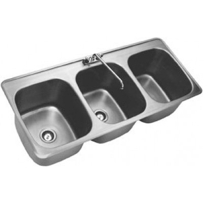 Stainless Steel Three Compartment Countertop Drop-In Sink With Deck Mounted Gooseneck Faucet
